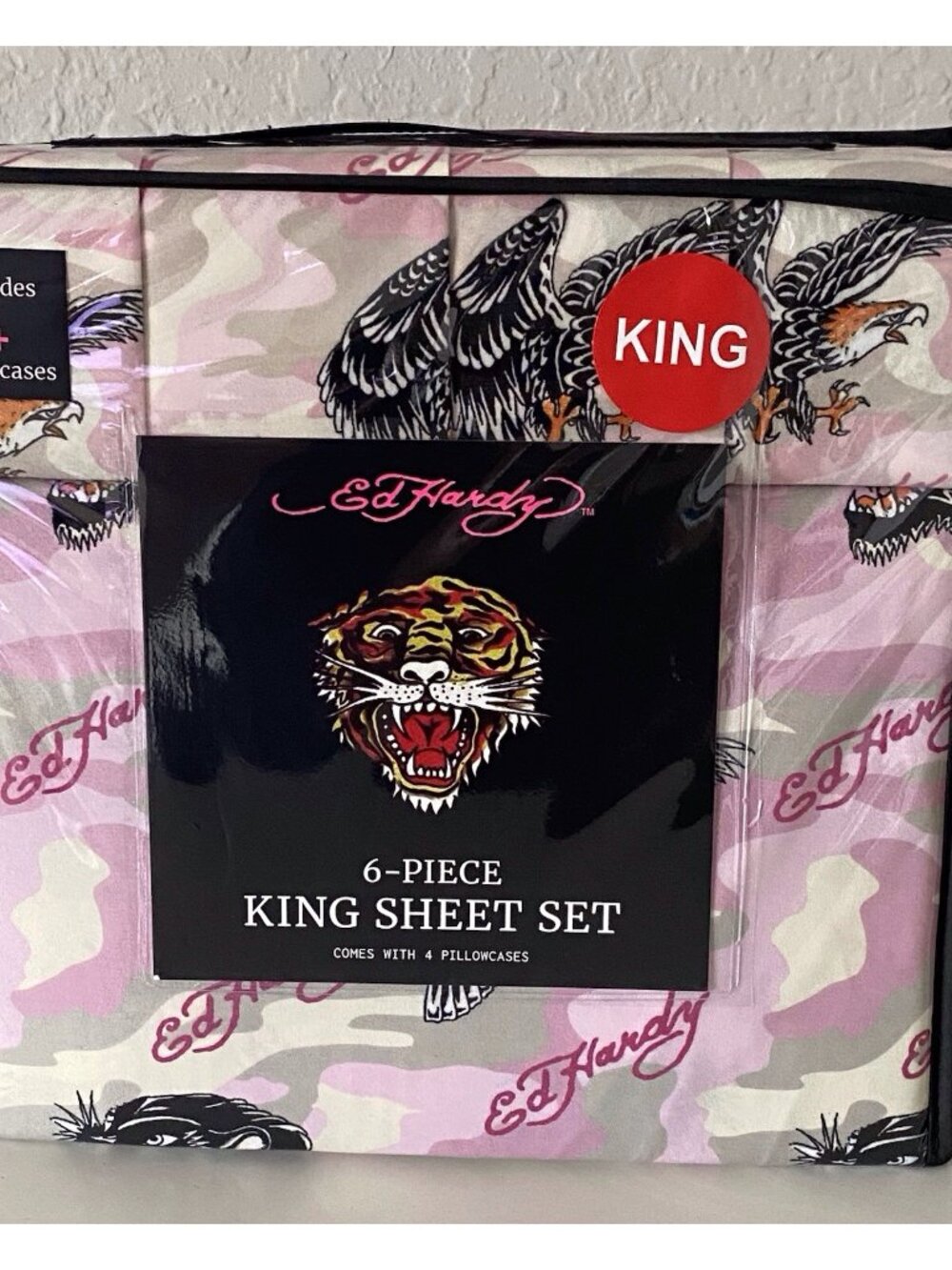 6 Piece Ed Hardy KING Size Sheet Set Pink Grey Camo Eagle Tiger Logo NEW